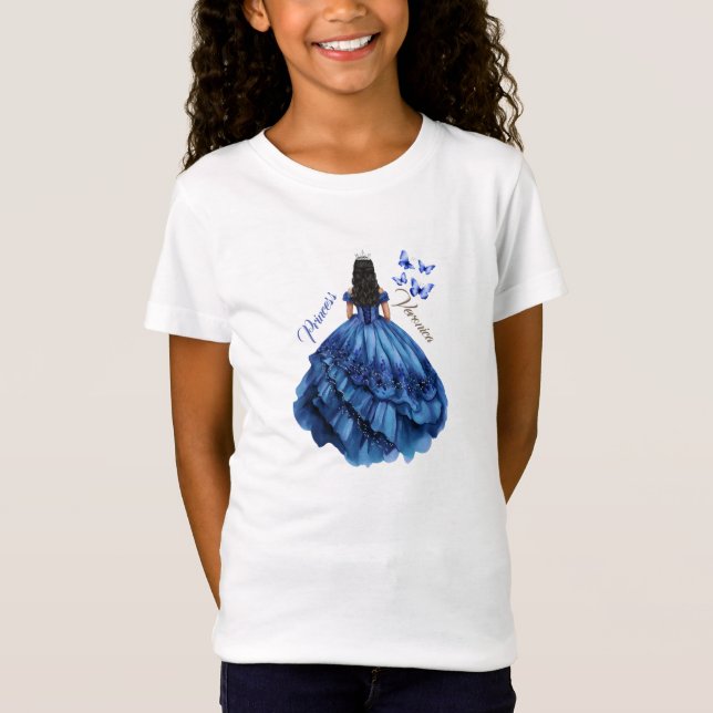 Blue Blommigt Princess Girl Födelsedagsfest T Shirt (Framsida)
