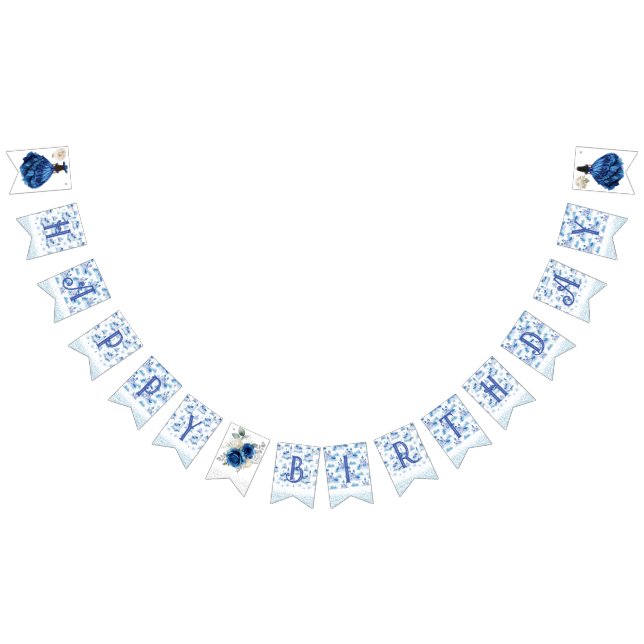 Blue Blommigt Princess Girl Födelsedagsfest Vimplar (Alla)