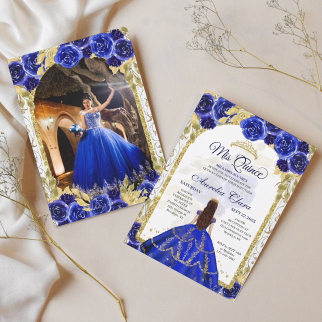 Blue Blommigt Princess Guld Arch Quinceanera Photo Inbjudningar (Skapare uppladdad)
