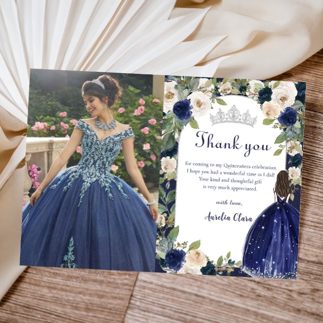 Blue Blommigt Princess Quinceanera Birthday Photo Tack Kort (Skapare uppladdad)
