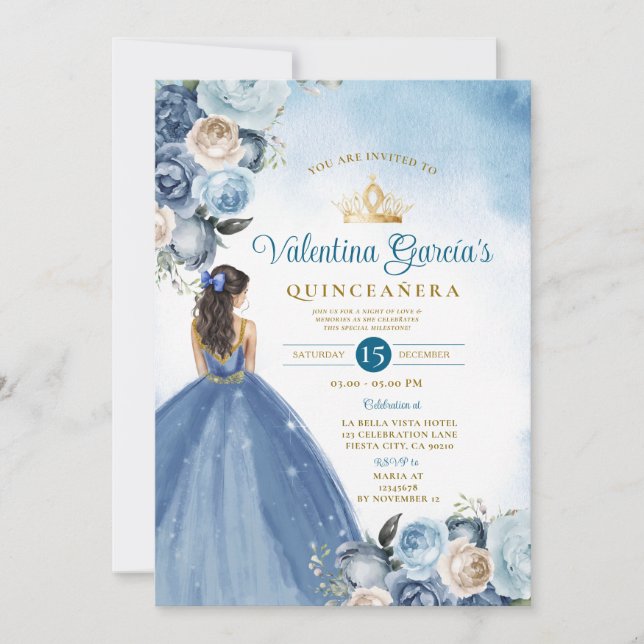 Blue Blommigt Quinceañera 15 Anos Guld Krona Glitt Inbjudningar (Framsida)