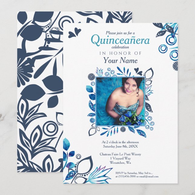 Blue Blommigt Quinceañera-inbjudan Inbjudningar (Fram/baksida)
