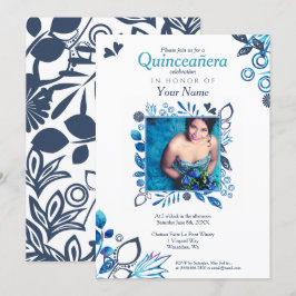 Blue Blommigt Quinceañera-inbjudan Inbjudningar