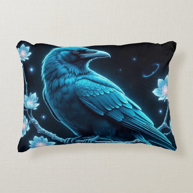 Blue Blommigt Raven Prydnadskudde (Framsidan)