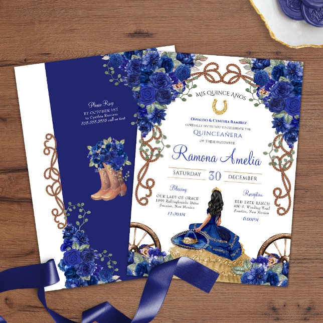 Blue Blommigt Rustic Charro Western Quinceañera Inbjudningar (Skapare uppladdad)