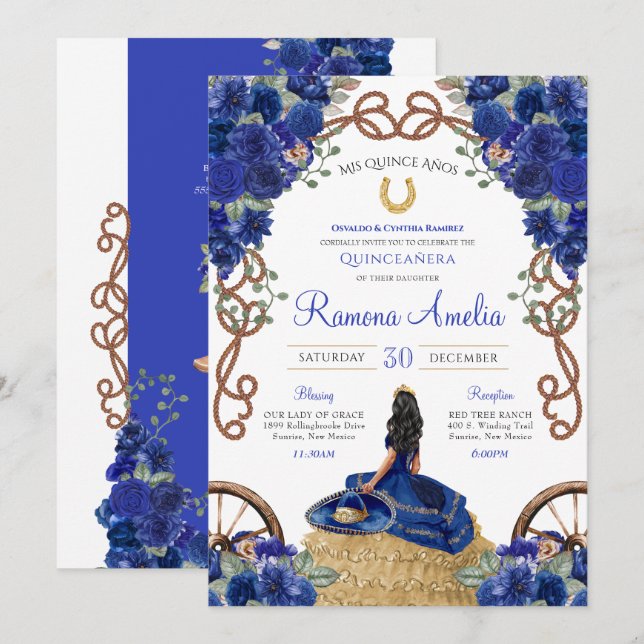 Blue Blommigt Rustic Charro Western Quinceañera Inbjudningar (Fram/baksida)