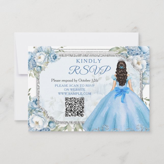 Blue Blommigt Silver Krona Quinceañera QR OSA kort (Framsida)