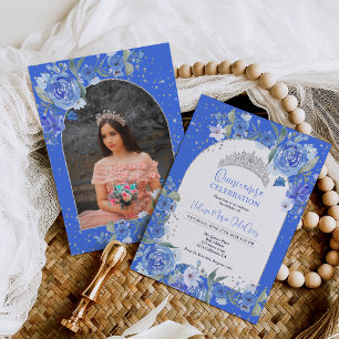 Blue blommigt silver tiara princess Quinceanera Inbjudningar