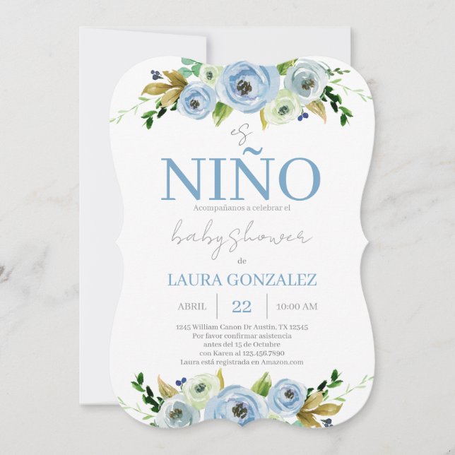 Blue Blommigt Spain Baby Shower Boy Inbjudningar (Framsida)