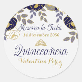 Blue Blommigt Spanska Quinceanera Reserva la Fecha Runt Klistermärke