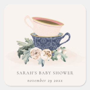 Blue Blommigt Stacks Tea Kopp Baby Shower Fyrkantigt Klistermärke