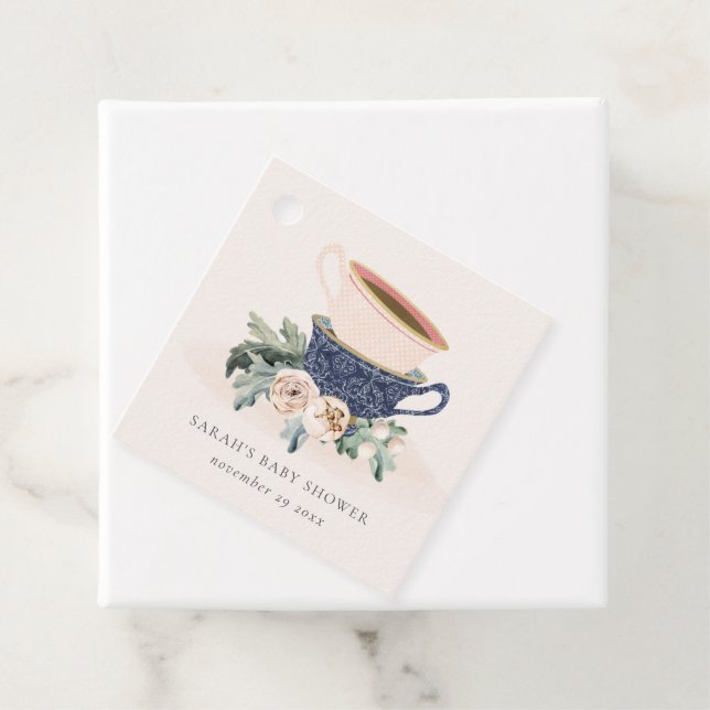  Blue Blommigt Stacks Tea Kopp Baby Shower Gåvor Etiketter (På plats)