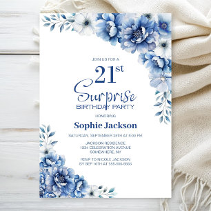 Blue Blommigt Surprise 21:a födelsedagen Party Inbjudningar