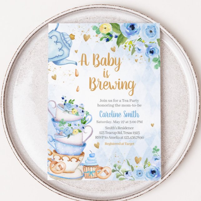 Blue Blommigt Tea Party Baby Shower Inbjudningar (Tea Party Baby Shower Invitation)