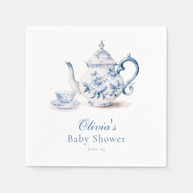 Blue Blommigt Tea Party Baby Shower Pappersservett (Framsidan)