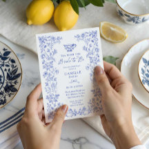 Blue Blommigt Tea Party Inbjudningskort för möhipp