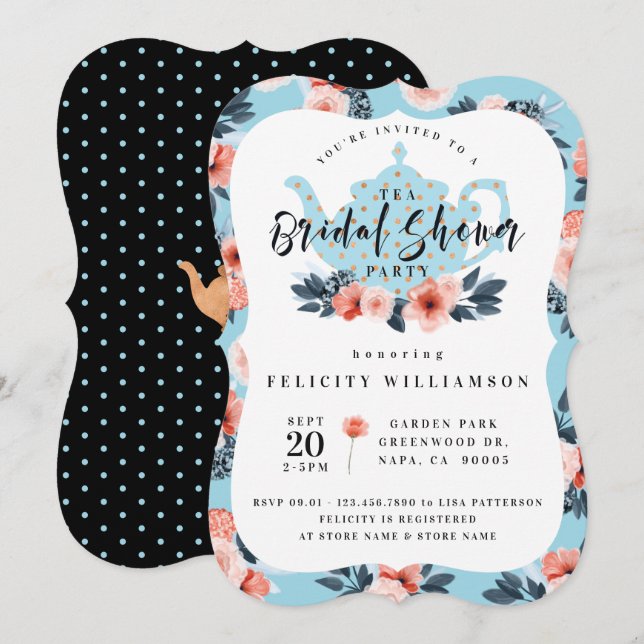 Blue Blommigt Tea Party Inbjudningskort för möhipp (Fram/baksida)