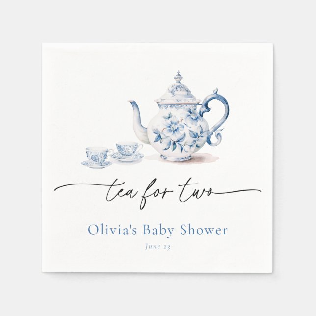 Blue Blommigt Tea Party Twin Baby Shower Pappersservett (Framsidan)