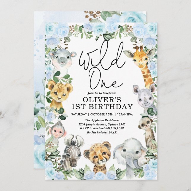 Blue Blommigt Vild One Jungle Safari 1st Birthday Inbjudningar (Fram/baksida)
