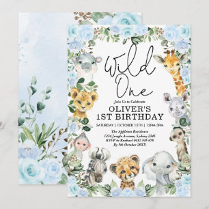 Blue Blommigt Vild One Jungle Safari 1st Birthday Inbjudningar