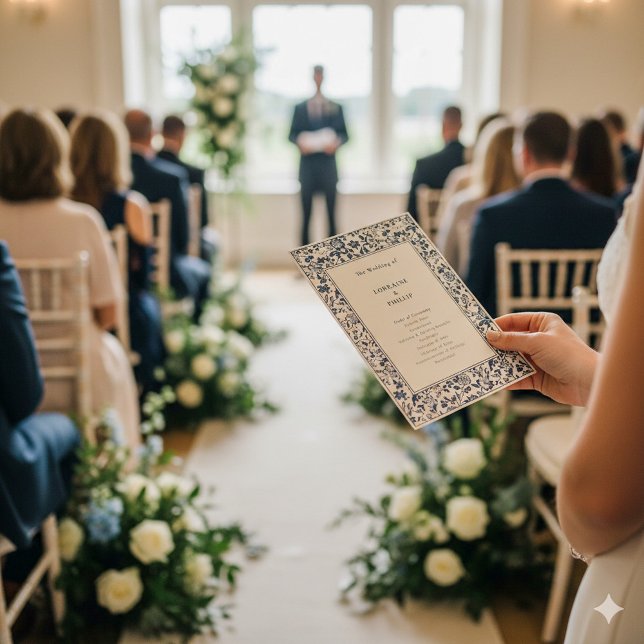 Blue Blommigt vintage Delaware Chinoiserie bröllop Program (Blue Floral vintage Delaware Chinoiserie wedding Program.)