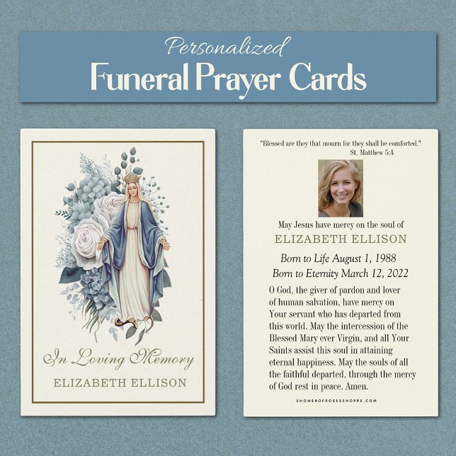 Blue Blommigt Virgin Mary Funeral Prayer Card Visitkort (Personalized Catholic Funeral Memorial Prayer Cards of the Blessed Virgin Mary, Our Lady of Grace)