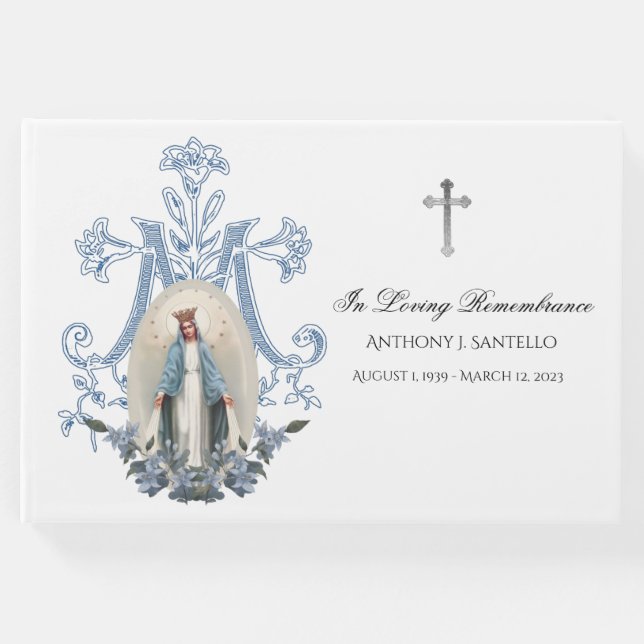 Blue Blommigt Virgin Mary Memorial Funeral Gästböcker (Framsida)