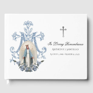 Blue Blommigt Virgin Mary Memorial Funeral Gästböcker