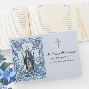 Blue Blommigt Virgin Mary Memorial Funeral Gästböcker