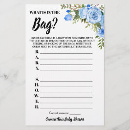Blue Blommigt What is in Bag Baby Shower Game Flygblad