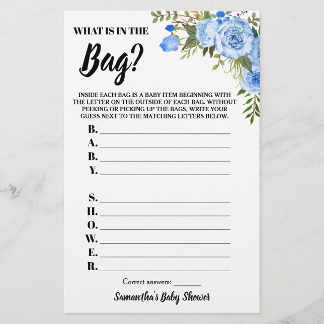 Blue Blommigt What is in Bag Baby Shower Game Flygblad (Framsidan)
