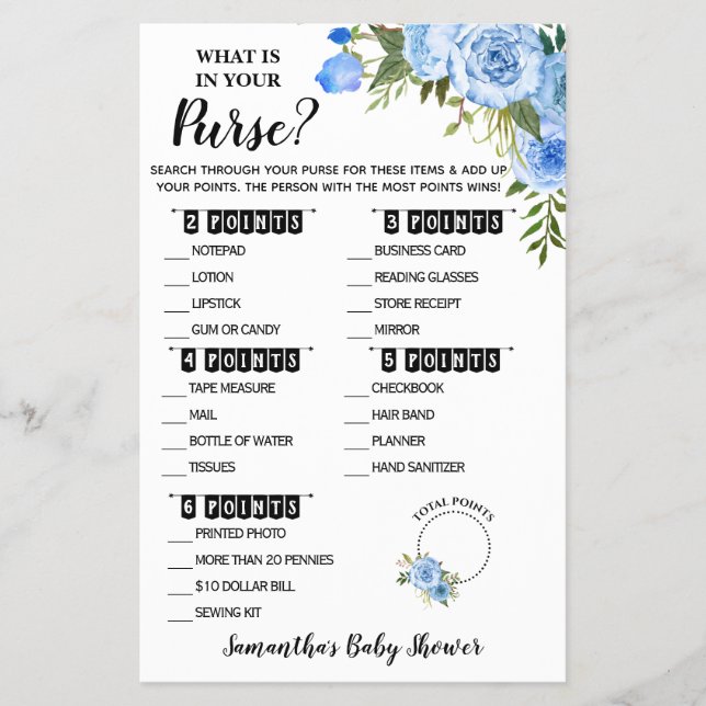 Blue Blommigt What is in your Purpe Baby Shower Ca Flygblad (Framsidan)