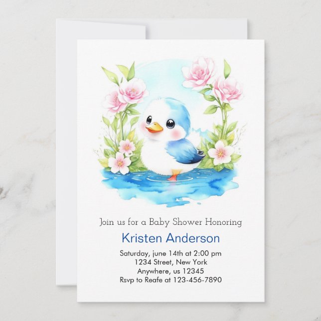 Blue Blommigt Whimsical Anka Boy Baby Shower Inbjudningar (Framsida)