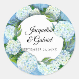 Blue Blommigt White Hydrangea Löv Damask Wedding Runt Klistermärke