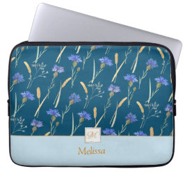 Blue Blommigt Wildblommonogram Laptop Fodral