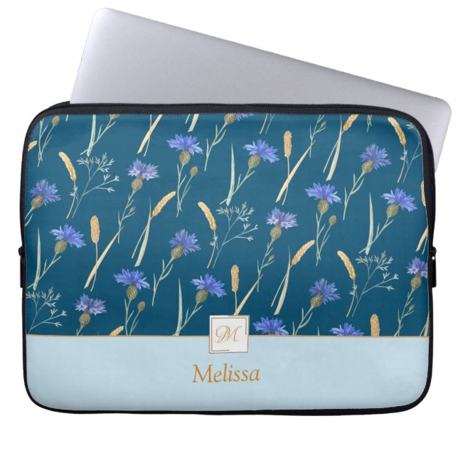 Blue Blommigt Wildblommonogram Laptop Fodral (Framsidan)