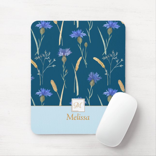 Blue Blommigt Wildblommonogram Musmatta (Med mus)