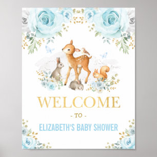 Blue Blommigt Woodland Animals Baby Shower Välkomm Poster