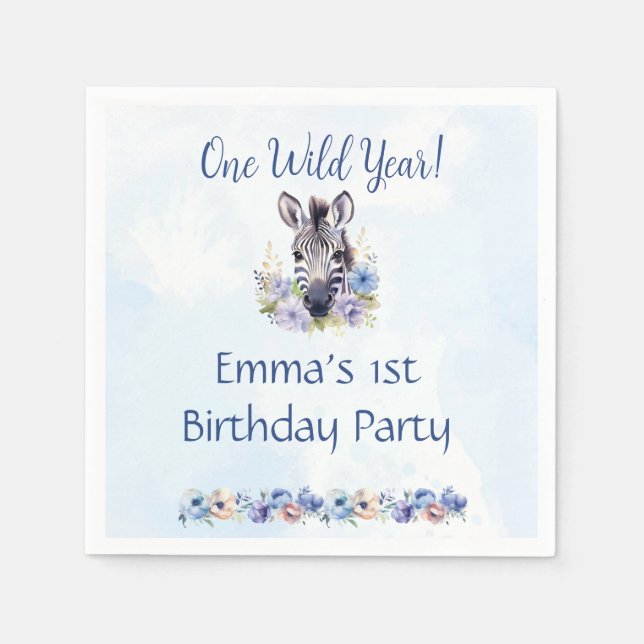 Blue Blommigt Zebra Birthday Pappersservett (Framsidan)