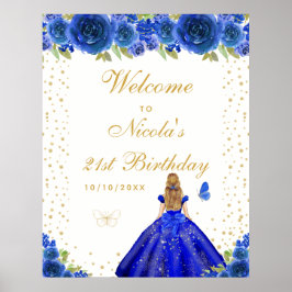 Blue Blonde Hair Girl Birthday Party Welcome Poster
