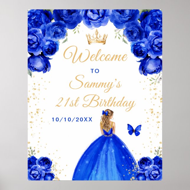 Blue Blonde Hair Princess Birthday Välkommen Poster (Framsidan)