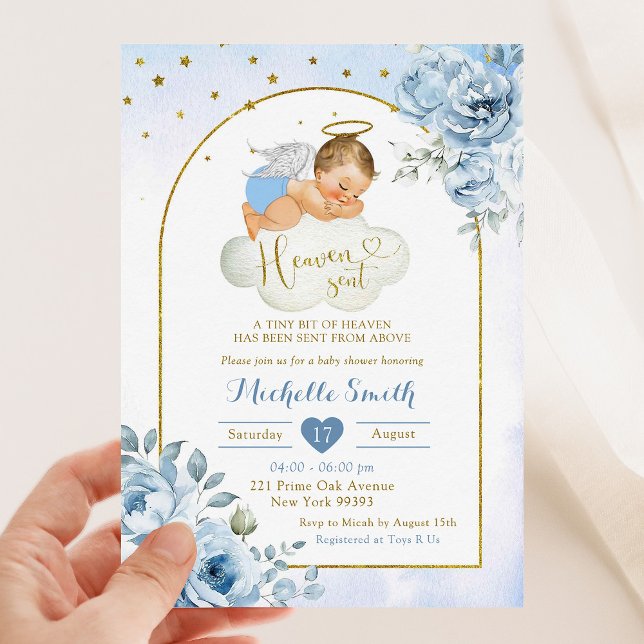 Blue Blonde Little Angel Heaven Sent Baby Shower Inbjudningar (Skapare uppladdad)