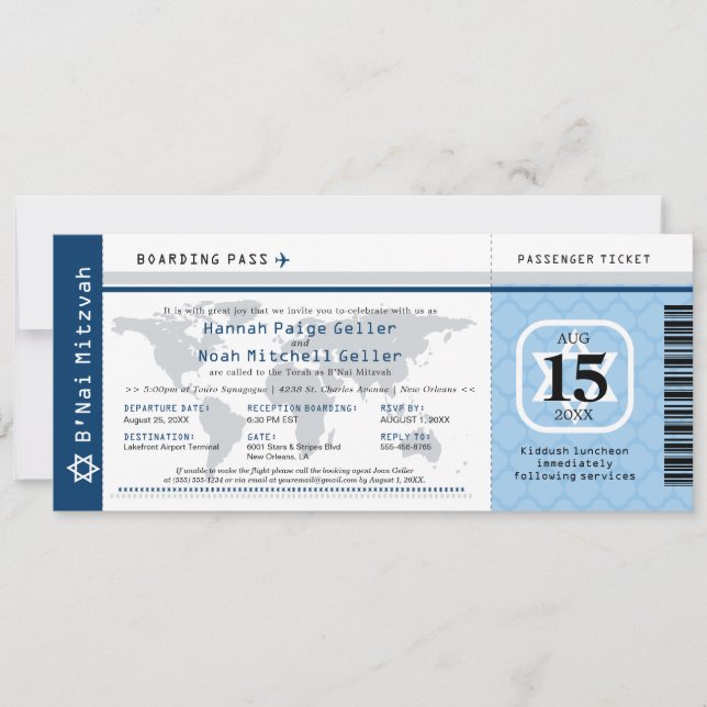 Blue B'Nai Mitzvah World Traveler Boarding Pass Inbjudningar (Framsida)