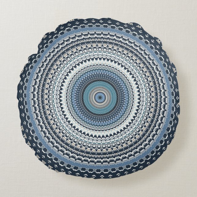 Blue Bohemian Boho Mandala   Rund Kudde (Framsidan)
