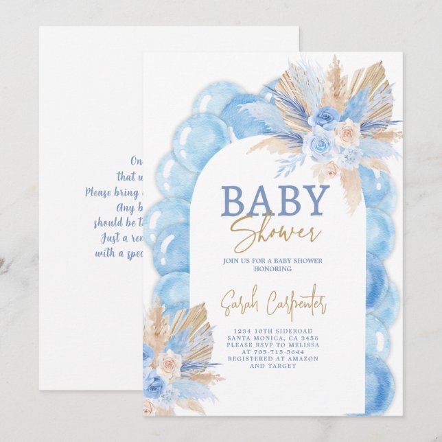 Blue Boho Arch Baby Shower Boy-inbjudan Inbjudningar (Fram/baksida)