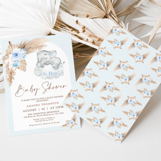 Blue Boho Arch Sleeping Elephant Baby Shower Inbjudningar (Modern boy's elephant themed baby shower invitation with blue boho floral arrangement.)