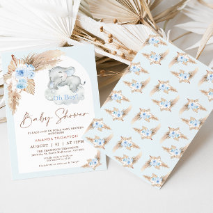 Blue Boho Arch Sleeping Elephant Baby Shower Inbjudningar