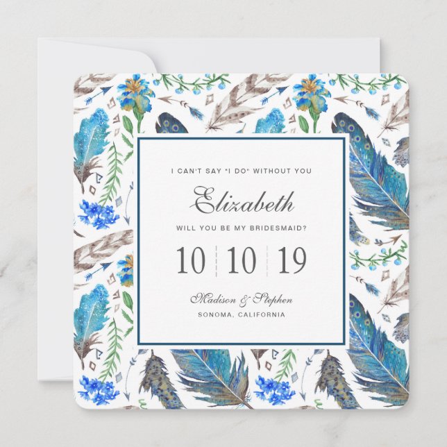 Blue Boho Aztec Watercolor - Bridesmaid Inbjudningar (Framsida)