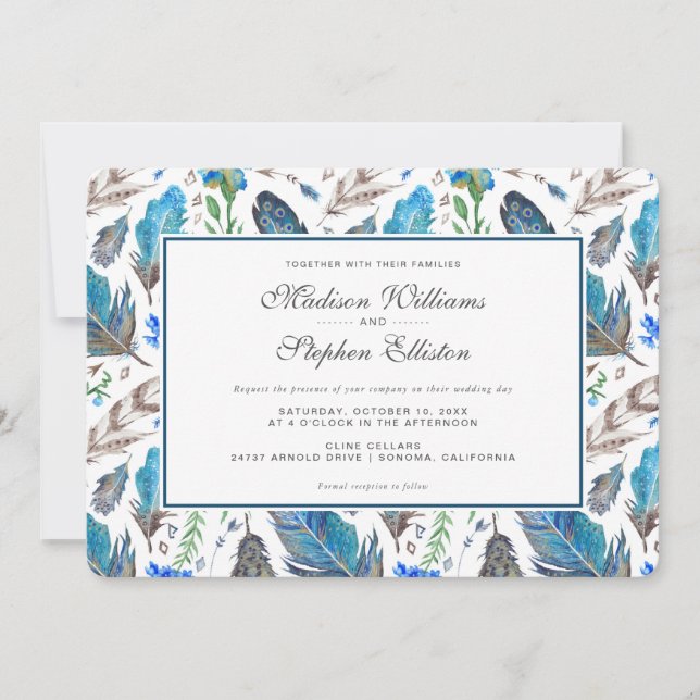Blue Boho Aztec Watercolor - Bröllop Inbjudningar (Framsida)