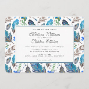 Blue Boho Aztec Watercolor - Bröllop Inbjudningar